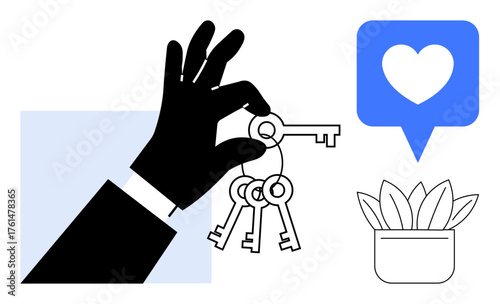 Hand holding keys, blue heart speech bubble, and potted plant symbolizing ownership, love, and care. Ideal for real estate, security, success, responsibility relationships sustainability