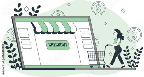 Woman pushing shopping cart towards laptop displaying online store checkout page with dollar coins online shopping