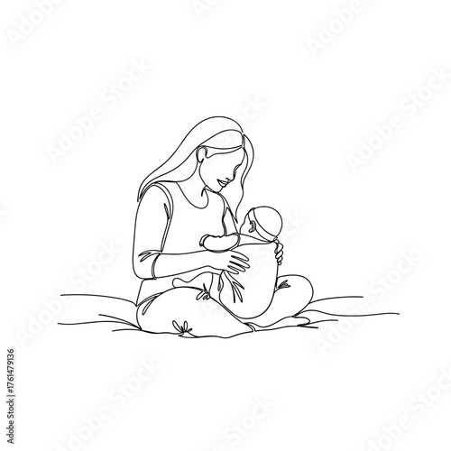 Mother breastfeeding baby in minimalist line art – symbol of nurture and maternal bond