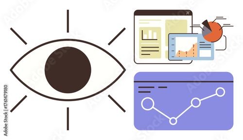 Eye icon alongside data dashboards, charts, and graphs in geometric display. Ideal for analytics, performance, monitoring, vision, technology insights and evaluation. Simple flat metaphor