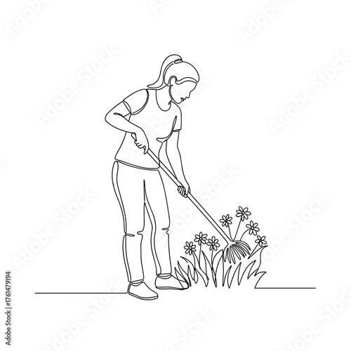 Woman pulling weeds in flower bed in minimalist line art – symbol of care and persistence