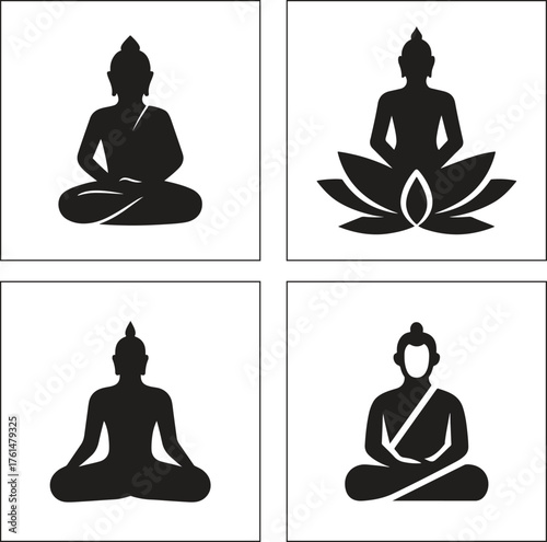 Buddha Icon Set Silhouette Vector Graphic Meditation Yoga Pose Zen Spirit Spirituality Dharma Lotus Flower Enlightenment Nirvana Peace Religion Asia