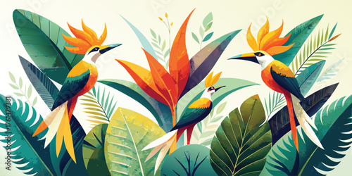 Three colorful birds of paradise in tropical foliage vector illustration art, birds collection