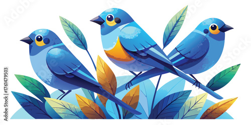 Three adorable bluebirds perched among foliage vector illustration, birds collection
