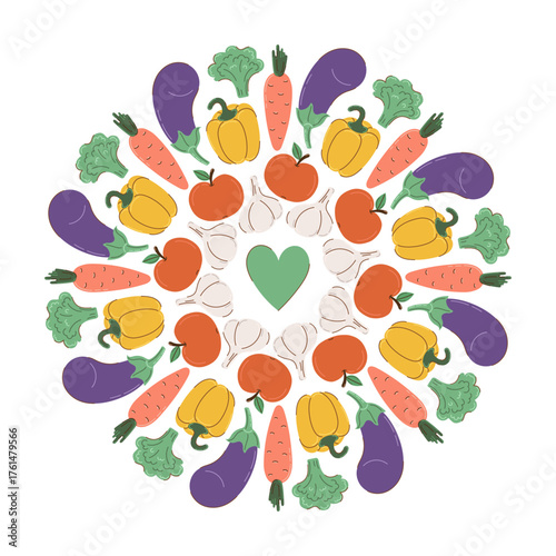 Round mandala pattern made of different vegetables and fruits in flat style with partial outline. Green heart in center of circle. Autumn and harvest concept. Vector illustration.