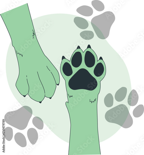 Two Green Paws and Multiple Paw Prints on a Light Green Circular Background Keywords: paw, animal, pet, dog, cat, creature, wildlife, footprint, paw print, walking, track, trail, clue, evidence