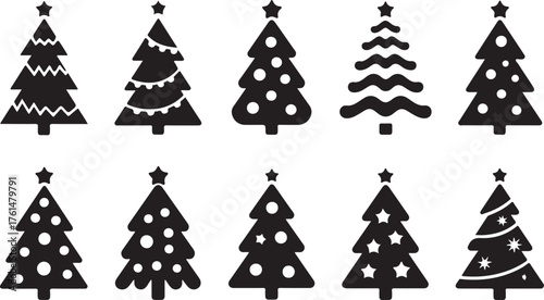 Christmas tree icons isolated on white background in big set. Black vector silhouettes of christmas trees with a stars at the top