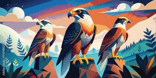 Three falcons standing on rocks against a colorful mountain landscape vector illustration, birds collection