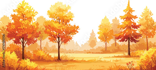 Autumn forest landscape with orange and yellow trees, fall foliage nature scene, scenic background, warm seasonal atmosphere, CAD drawing flat vector illustration