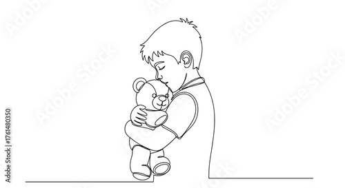 Boy hugging teddy bear at night in minimalist line art – symbol of comfort and childhood security