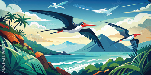 Magnificent frigatebirds soar above a tropical paradise in vector illustration art, birds collection