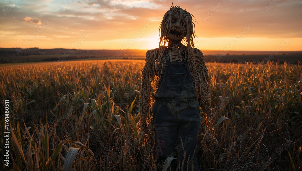 Fototapeta premium Straw scarecrow wearing denim overalls in cornstalks at dusk, sun dipping over rolling hills