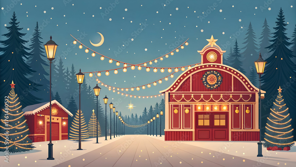 Fototapeta premium Charming Snowy Village Scene with Decorated Christmas Trees and Festive Lights at Dusk town winter Full HD 4K Video Download 2025 2026