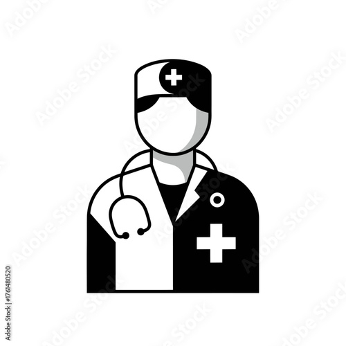 A modern minimalist black and white icon illustrates a dedicated medical professional, such as a doctor, complete with a stethoscope, symbolizing essential healthcare and wellness.