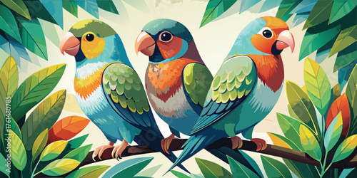 Three elegant exotic lovebirds among foliage vector illustration