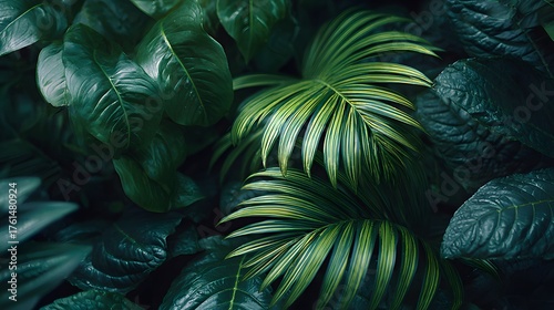 Lush green tropical foliage fills the frame in this close-up.