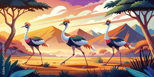 Vector art of three crowned cranes walking in the african savanna at sunset illustration