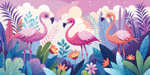 Three purple flamingos stand in fantasy flower garden vector illustration
