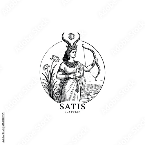 engraving logo featuring the Egyptian Goddess Satis (Satet), the deity of the Nile River, fertility, and protection
