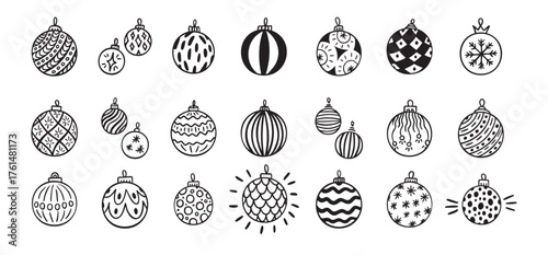 Hand drawn doodle Christmas ball set. Christmas balls isolated. Vector drawing icons, balls for Christmas tree