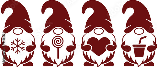 Four vector stencils of gnomes for cutting. Window decoration, gnome protrusion. 