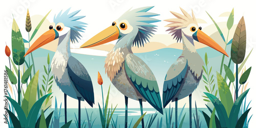 Vector art of three shoebill storks standing in a swampy marshland in tall grasses, vector illustration, birds collection