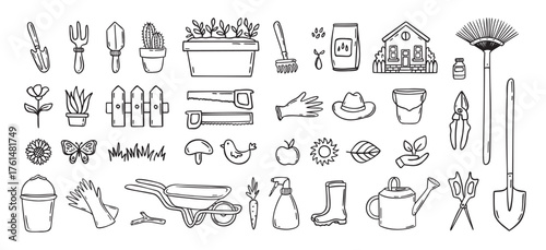 Gardener tools hand drawn doodle icons set. Hobby gardening. Garden items for plant care and backyard cleaning. Garden line clipart.