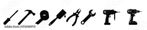 Black silhouettes of various tools isolated on a white background. Concept of hand tools illustration, construction equipment, hardware set, DIY tools. Print, icon, design element