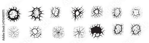 Black Silhouettes of Cracks Isolated on White Background. Concept of Fracture, Damage, Broken Surface, Abstract Shapes. Print, Icon, Design Elements