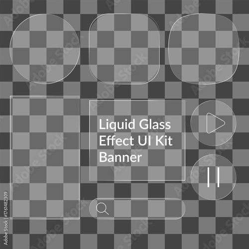 Liquid glass UI kit banner isolated. Modern frosted glass interface with transparent square and circle frames, shining stroke elements, and control buttons. Glassmorphism vector design for smartphone 