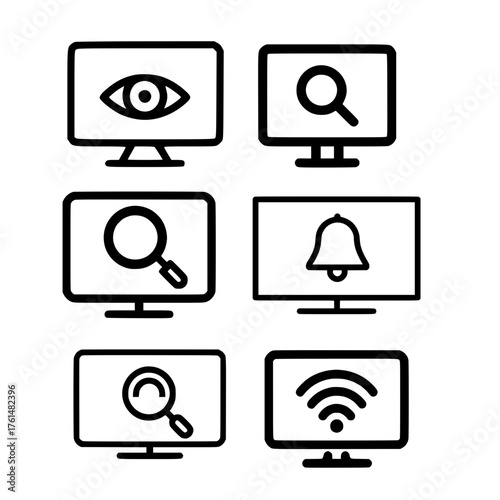 User interface icon set on monitor including visibility search notification and wifi design