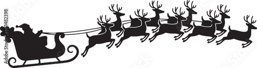 Graphic silhouette of Santa flying in sleigh harnessed with nine reindeers