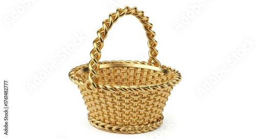 Ornate Golden Woven Basket with Twisted Handle on White gold basket decorative