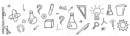 Doodle set on the theme of science, research and education, chemistry, astronomy, mathematics, physics, geometry and other sciences. 