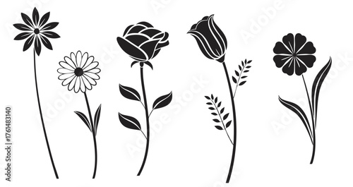 elegant floral icon set in black silhouette style