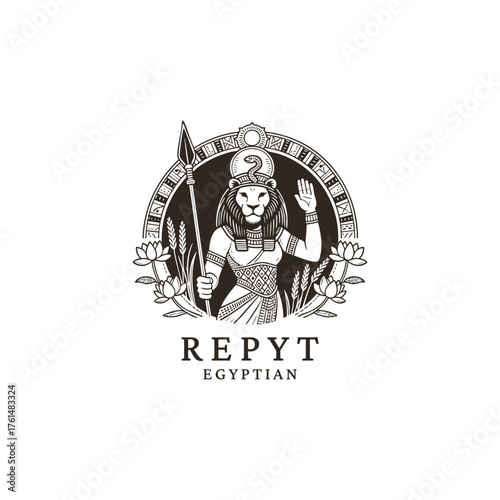Repyt Egyptian Goddess of Fertility and Protection Vintage Logo. A dramatic, vintage vector illustration of the ancient Egyptian Goddess Repyt, a lesser-known deity often associated with fertility