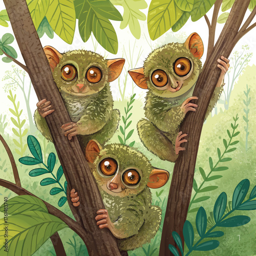 Vector illustration art of three cute tarsiers clinging to tree branches in the forest canopy