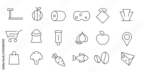Grocery line Icon set. Supermarket, Bakery, Milk, Vegetable, Fruit,  Dairy, Cheese, Rice, Coffee, Seafood, Fish, Chicken and Cart outline icon collection. UI thin outline icons.