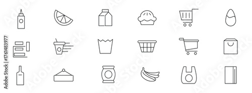 Grocery line Icon set. Supermarket, Bakery, Milk, Vegetable, Fruit,  Dairy, Cheese, Rice, Coffee, Seafood, Fish, Chicken and Cart outline icon collection. UI thin outline icons.
