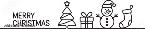 Linear style design for winter holidays with Christmas tree, gift box, snowman and stocking