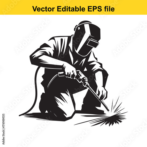 Vector art of welder in protective clothing and mask, kneeling and welding metal with sparks flying