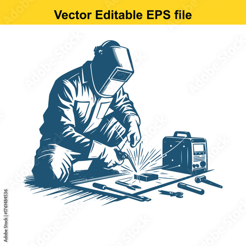 Vector art of welder in protective clothing and mask, kneeling and welding metal with sparks flying, with welding machine and tools