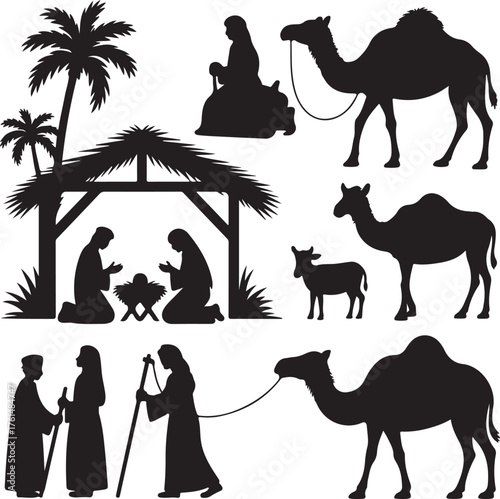 Merry Christmas and holy family concept represented by icon set figures. Silhouette and flat illustration