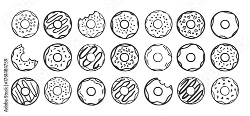 Doodle donuts set. hand drawn outline donut icons. Collection of cute doughnuts. Donut Doodles Sketch of cute donuts.