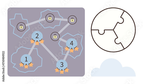 Gamified path with numbered levels, star rewards, locked nodes, puzzle diagram, and cloud accent. Ideal for education, strategy, gamification milestones progress motivation and teamwork. Simple