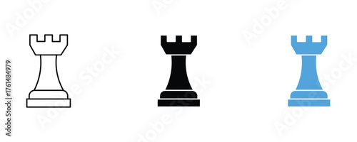 Chess rook icon set vector on white background. tower, game, strategy, intelligence, board, piece, competition, sport, mind, skill, symbol.