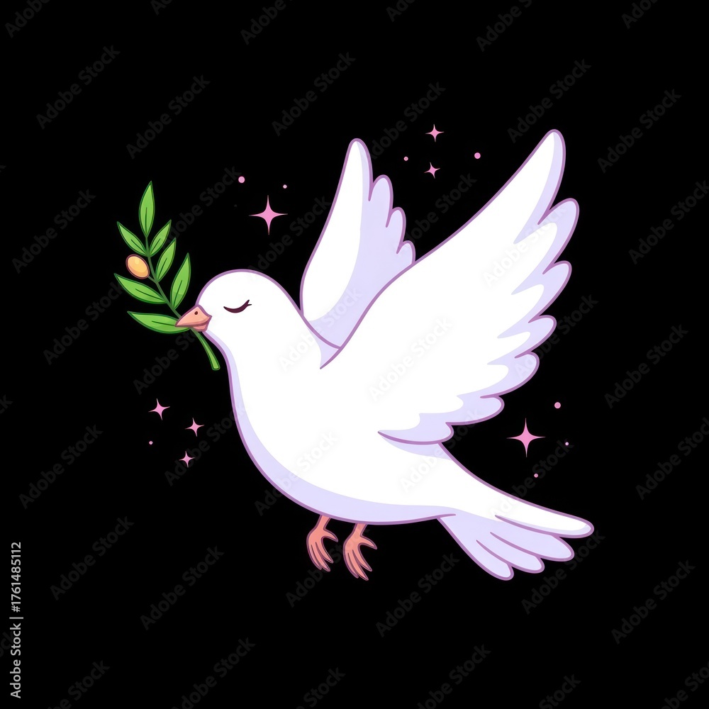 Fototapeta premium Cartoon white dove carrying olive branch against black background representing peace