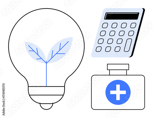 Light bulb containing a sprout, calculator, and medical box with cross suggest sustainability, innovation, healthcare, finance, eco-friendly solutions, scientific growth strategies, decision-making