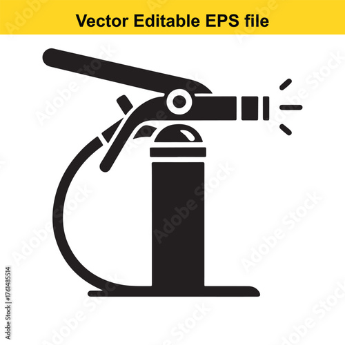 Vector art of black silhouette of a fire extinguisher nozzle with a hose, isolated on a