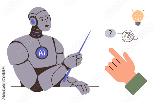 Robot labeled AI using a pointer to explain process with a visual of tangled problem and lightbulb idea. Ideal for AI, education, innovation, creativity, problem-solving, technology, learning. Simple